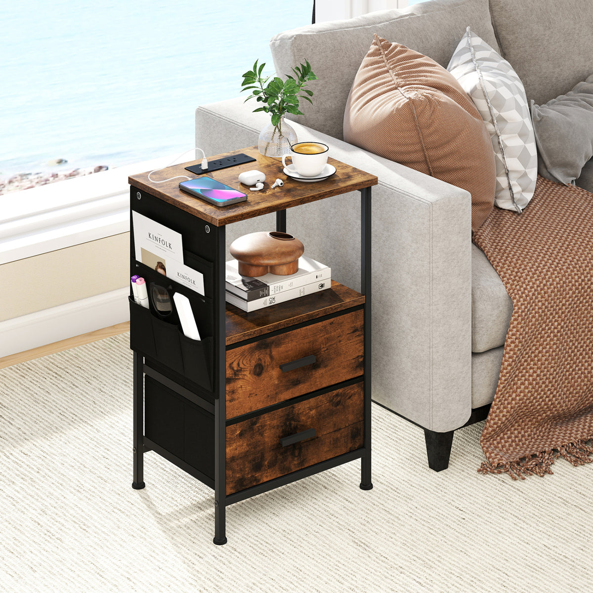 End Table with Charging Station Set of 1 Nightstand with 2 Folding Fabric Drawers