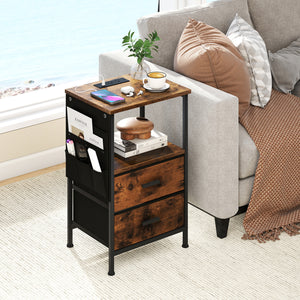 End Table with Charging Station Set of 1 Nightstand with 2 Folding Fabric Drawers