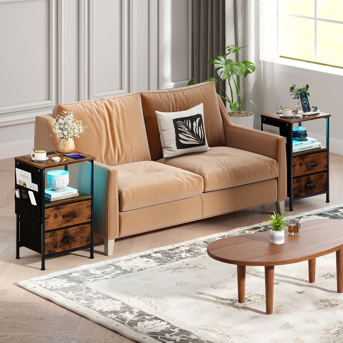 End Table with Charging Station Set of 1 Nightstand with 2 Folding Fabric Drawers