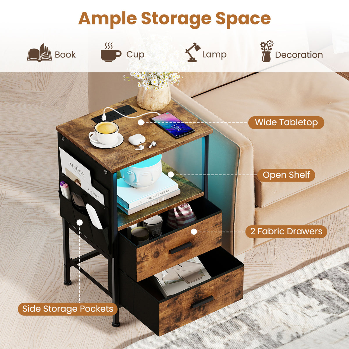 End Table with Charging Station Set of 1 Nightstand with 2 Folding Fabric Drawers