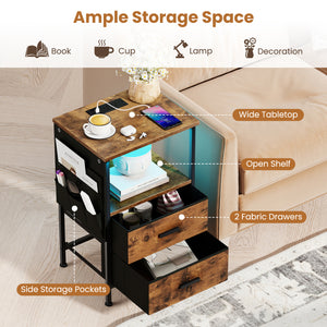 End Table with Charging Station Set of 1 Nightstand with 2 Folding Fabric Drawers