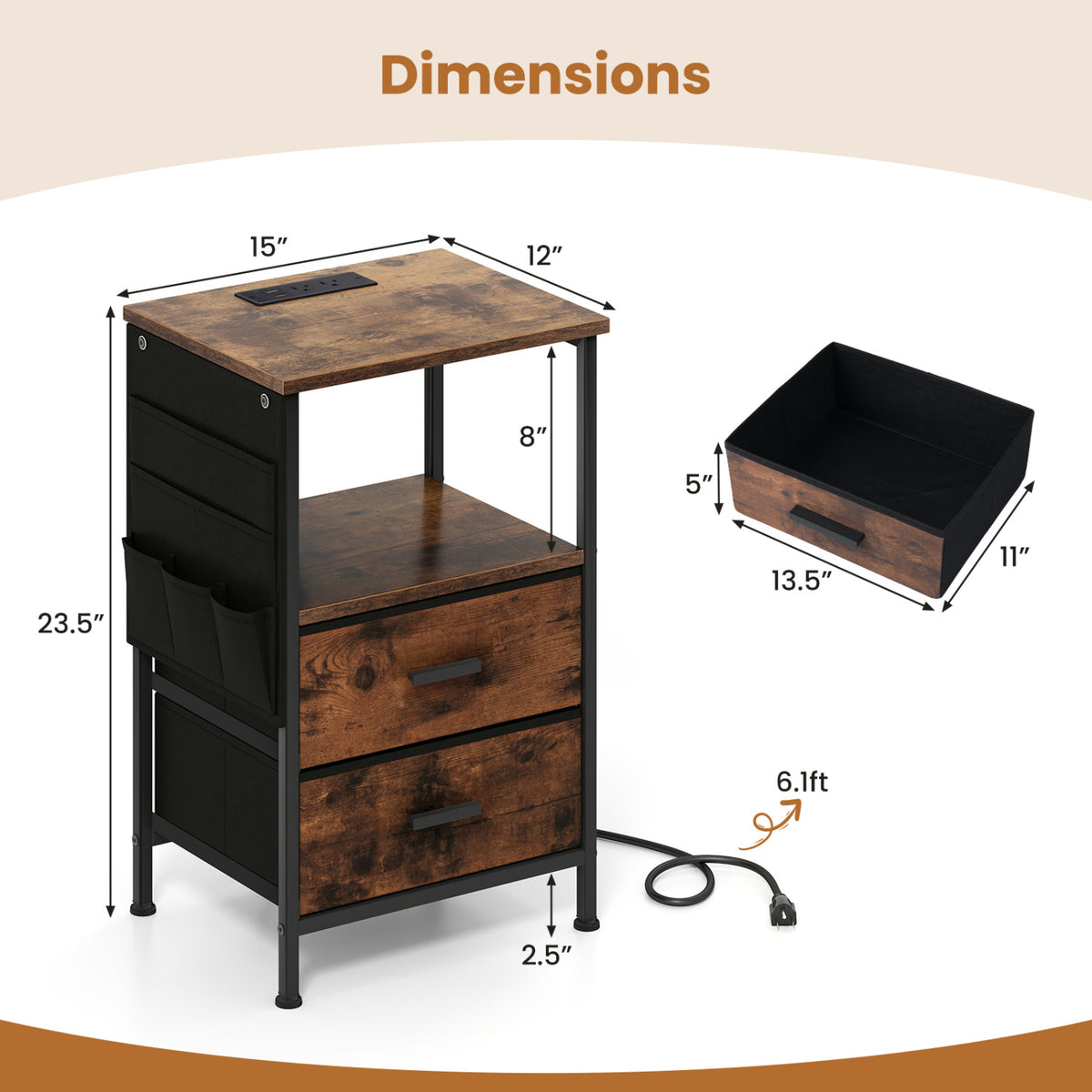 End Table with Charging Station Set of 1 Nightstand with 2 Folding Fabric Drawers