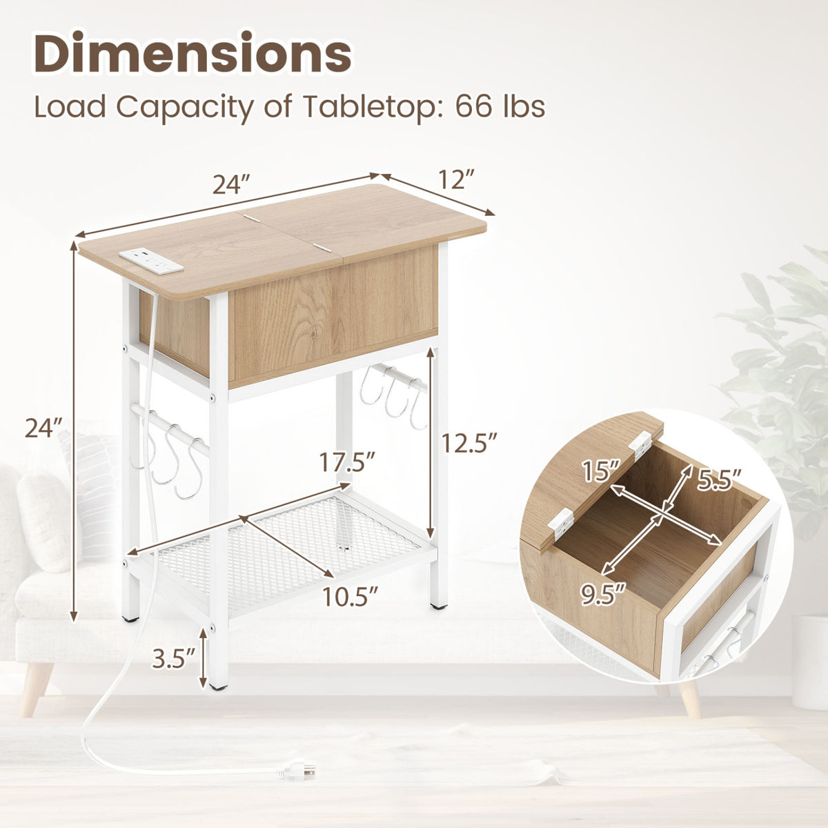 End Table with Charging Station USB Ports Outlets and Flip Top-Natural