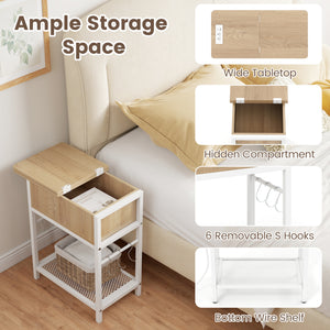 End Table with Charging Station USB Ports Outlets and Flip Top-Natural