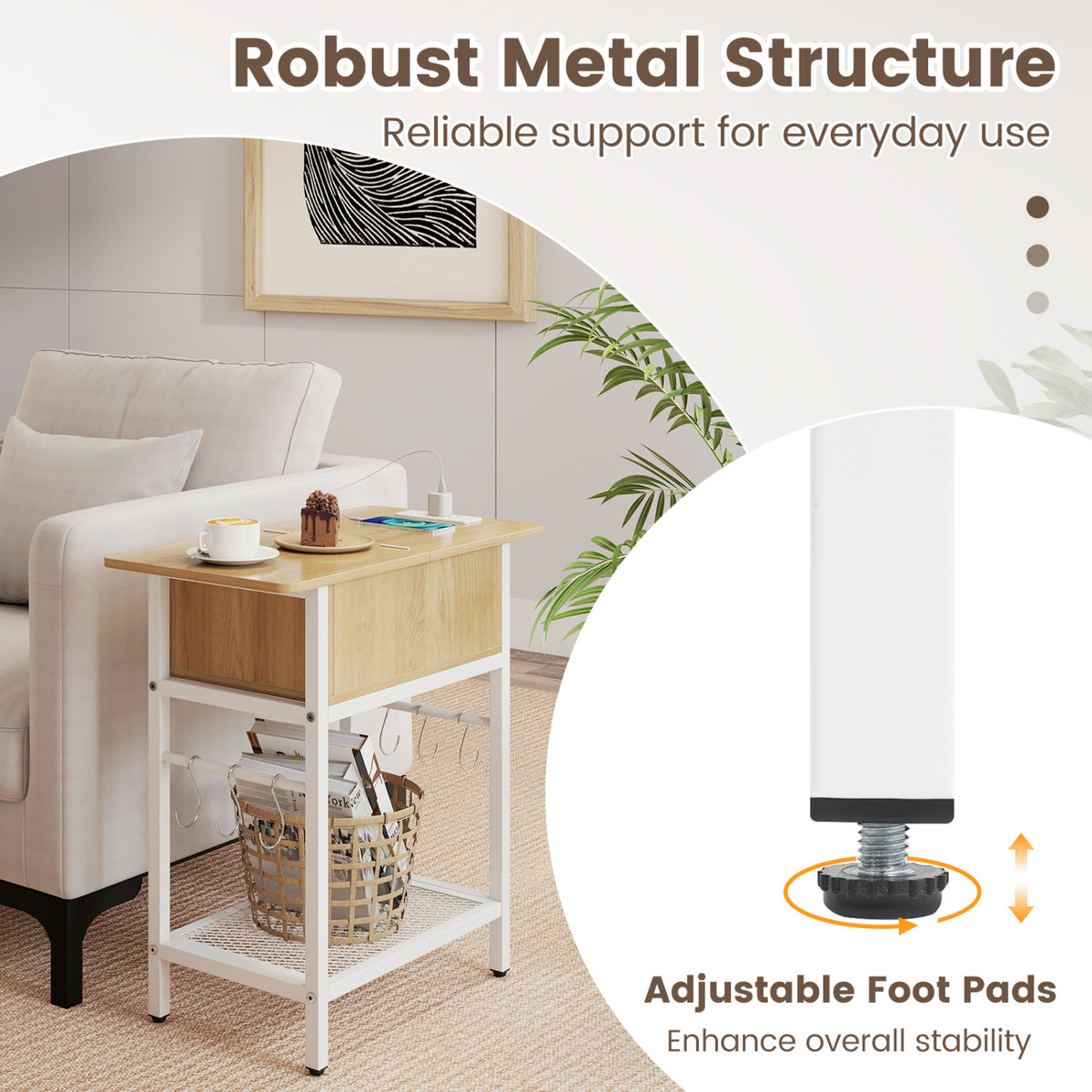 End Table with Charging Station USB Ports Outlets and Flip Top-Natural