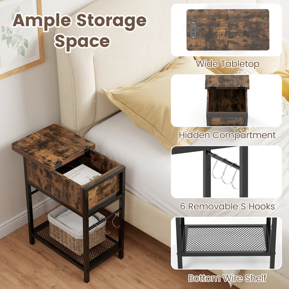 End Table with Charging Station USB Ports Outlets and Flip Top-Coffee