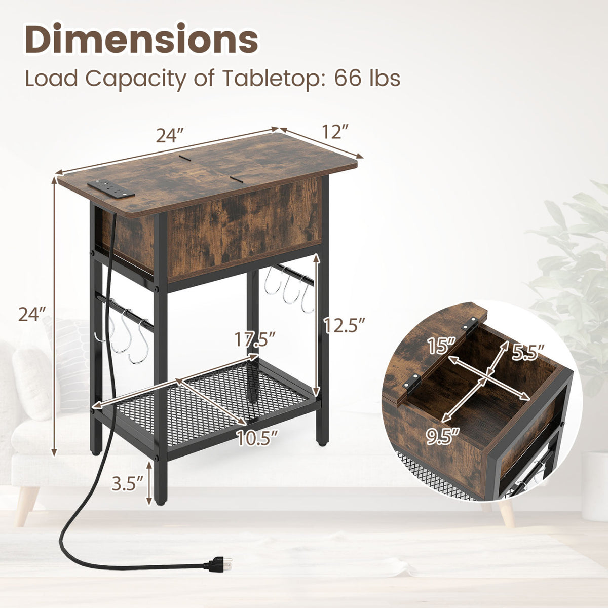 End Table with Charging Station USB Ports Outlets and Flip Top-Coffee