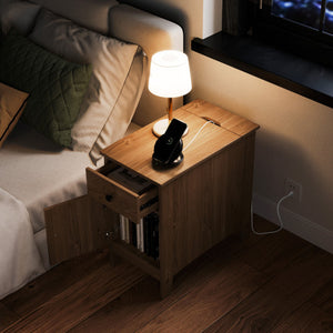 Flip Top End Table with Charging Station USB Ports Outlets and Drawer-Natural
