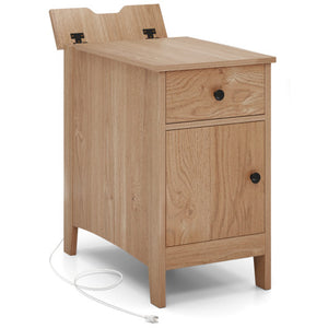 Flip Top End Table with Charging Station USB Ports Outlets and Drawer-Natural