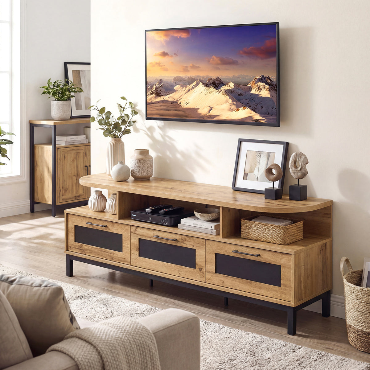 Entertainment Center with 3 Storage Drawers and Open Shelves-Natural