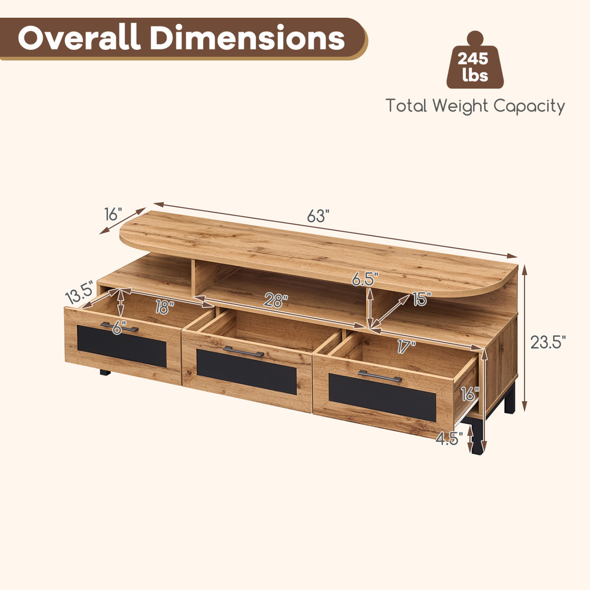 Entertainment Center with 3 Storage Drawers and Open Shelves-Natural