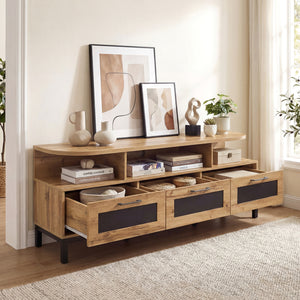 Entertainment Center with 3 Storage Drawers and Open Shelves-Natural