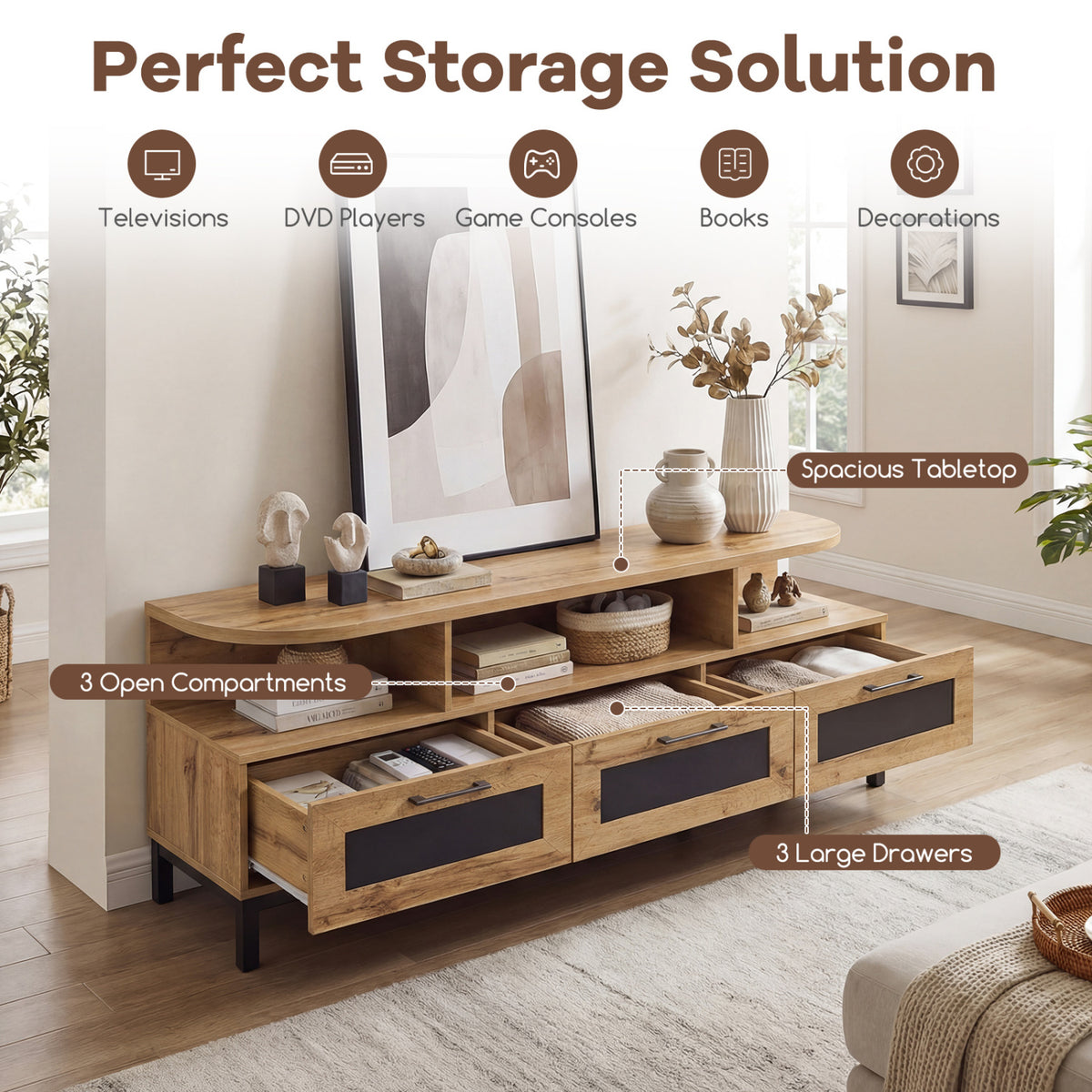 Entertainment Center with 3 Storage Drawers and Open Shelves-Natural