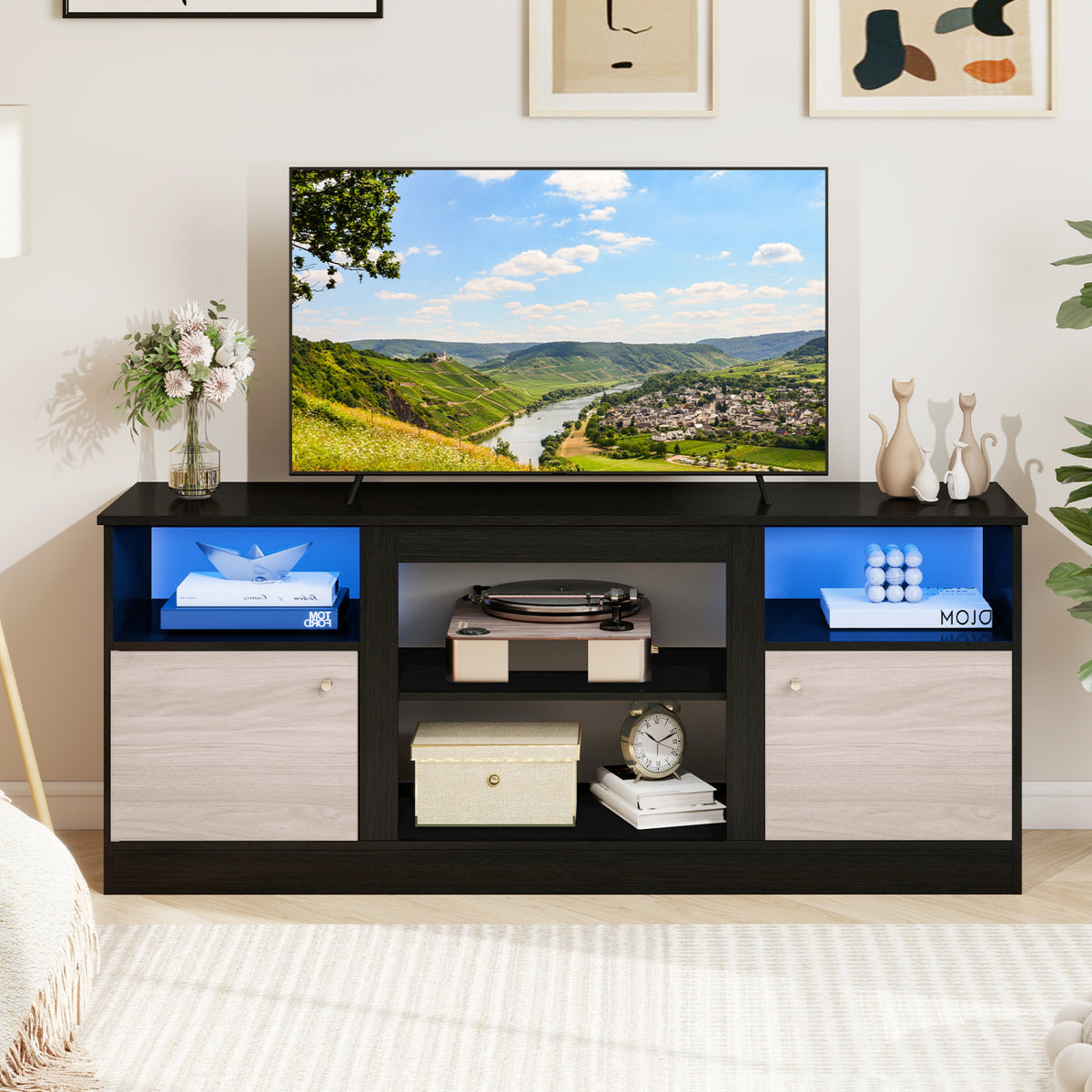 Entertainment Center with Adjustable Shelf & Open Compartment for 65â€ TVs-Black