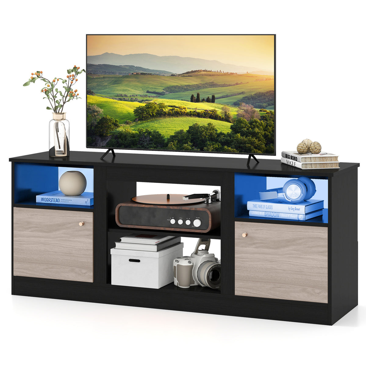 Entertainment Center with Adjustable Shelf & Open Compartment for 65â€ TVs-Black