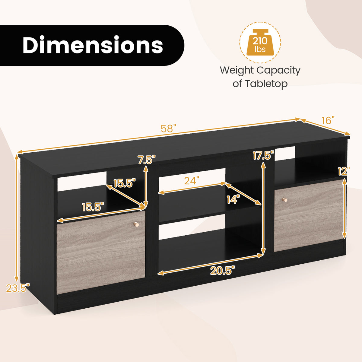 Entertainment Center with Adjustable Shelf & Open Compartment for 65â€ TVs-Black