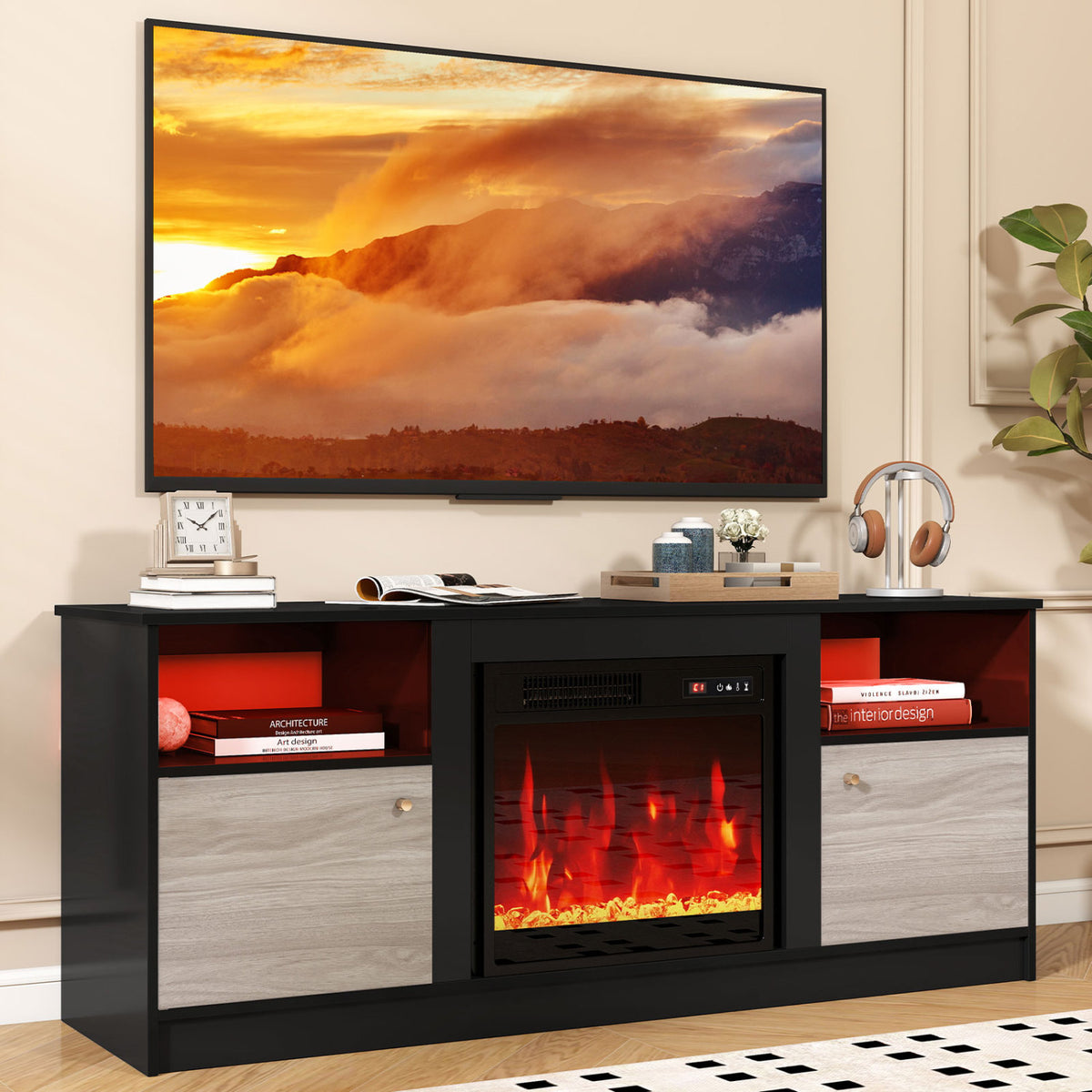 Entertainment Center with Adjustable Shelf & Open Compartment for 65â€ TVs-Style 2