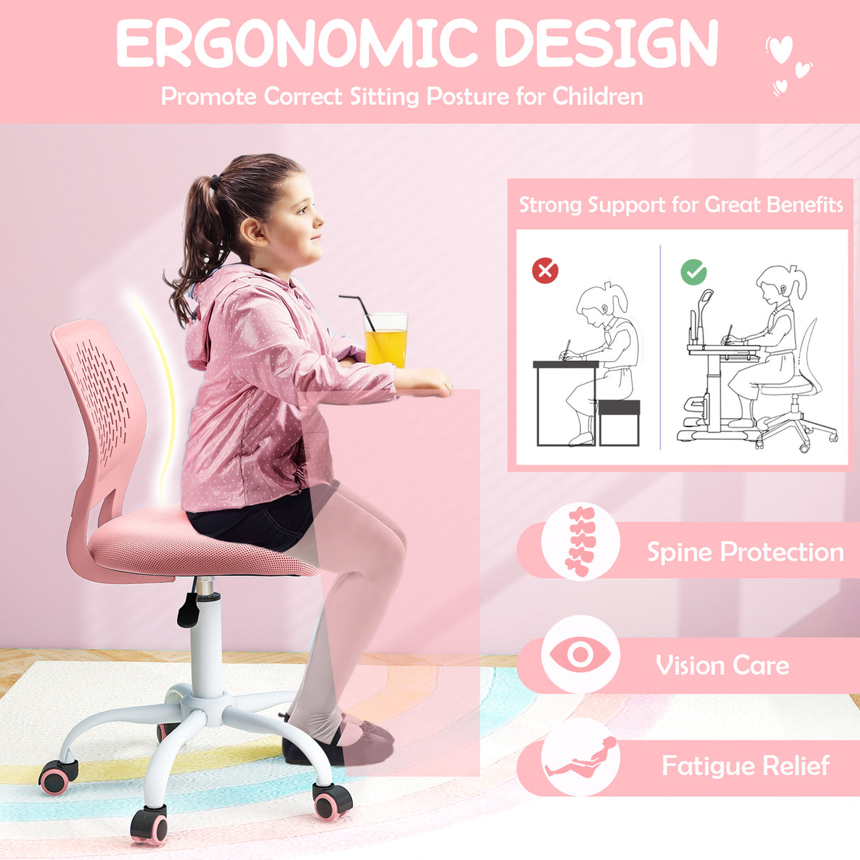 Ergonomic Children Study Chair with Adjustable Height-Light Pink