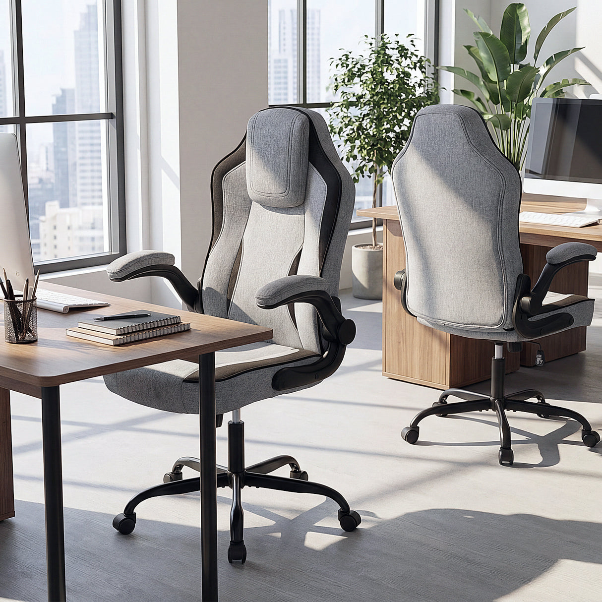 Ergonomic Computer Office Chair with 90 ° Flip-up Armrests-Gray