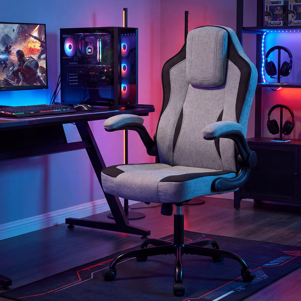 Ergonomic Computer Office Chair with 90 ° Flip-up Armrests-Gray