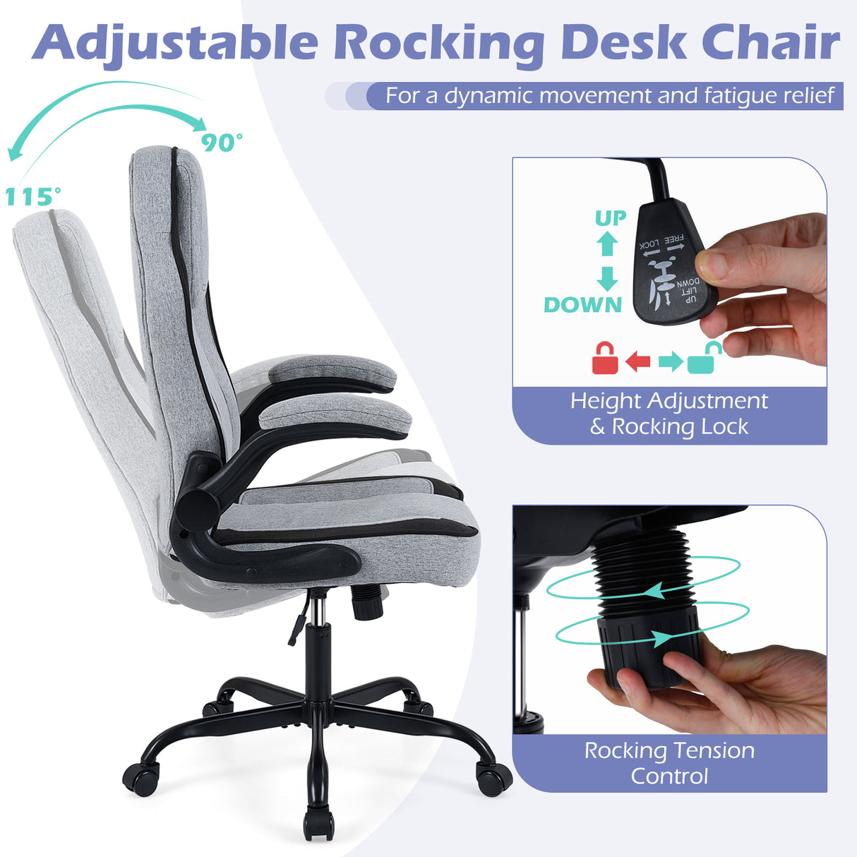 Ergonomic Computer Office Chair with 90 ° Flip-up Armrests-Gray