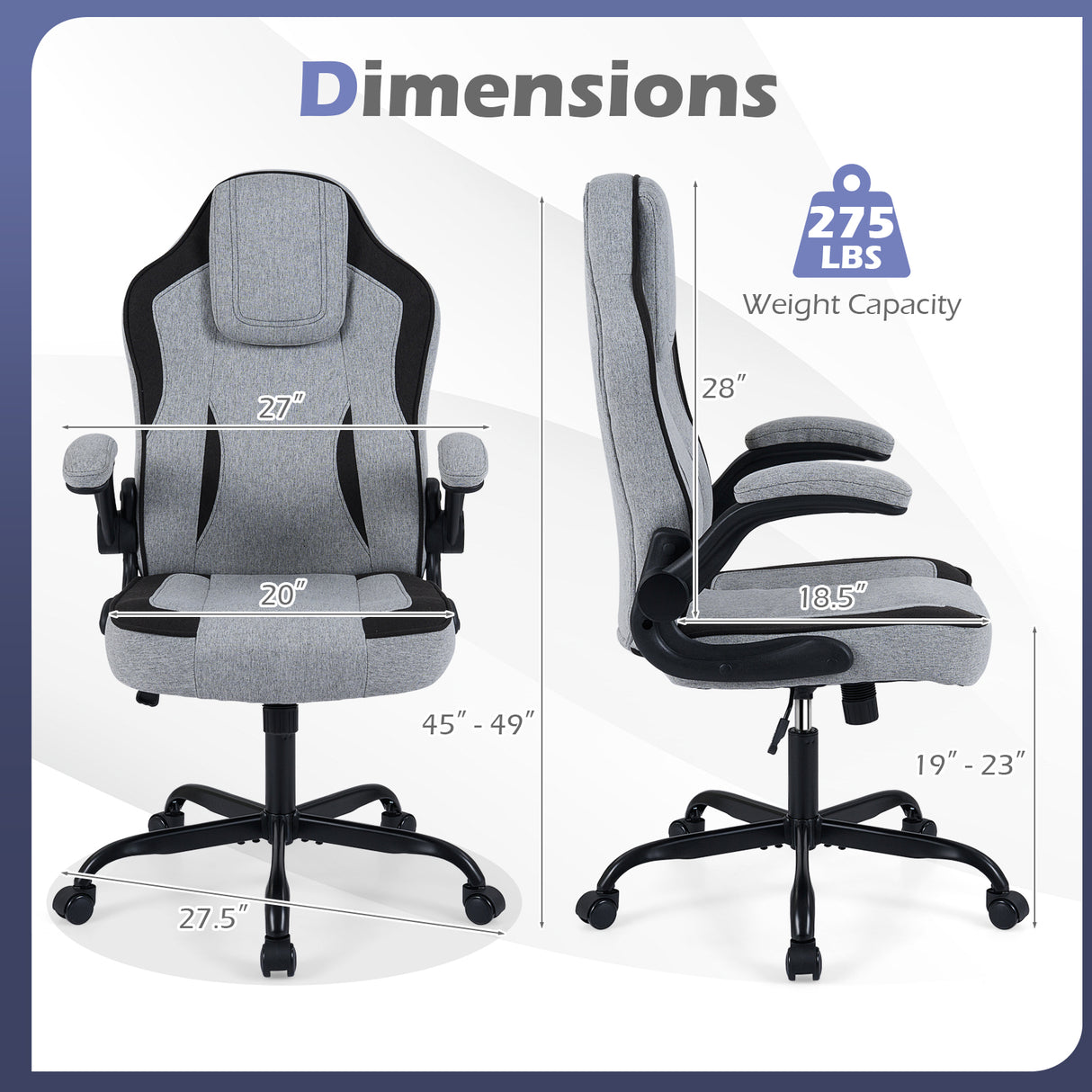 Ergonomic Computer Office Chair with 90 ° Flip-up Armrests-Gray