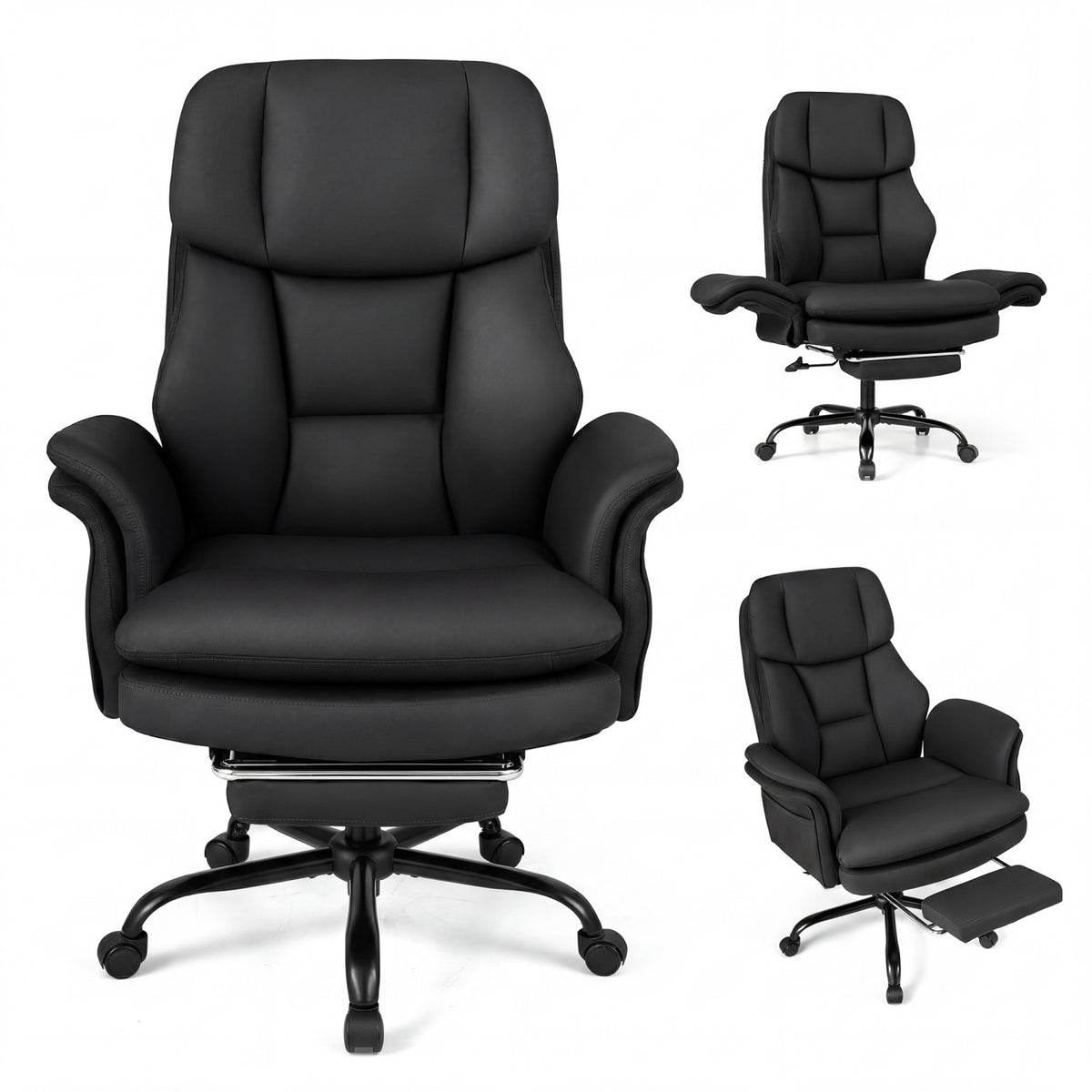 Ergonomic Cross Legged Office Chair Big and Tall Executive Chair with Retractable Footrest-Black