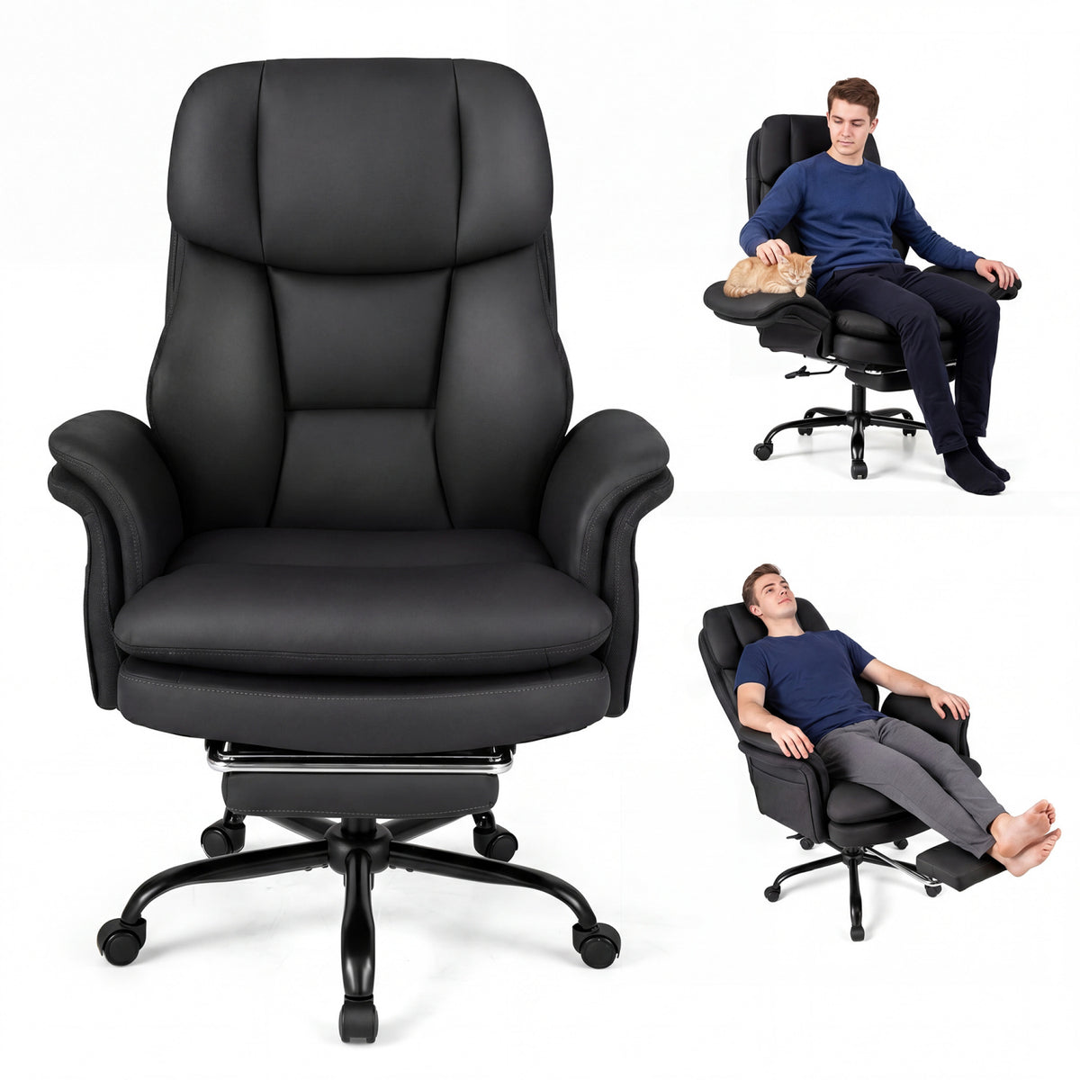 Ergonomic Cross Legged Office Chair Big and Tall Executive Chair with Retractable Footrest-Black