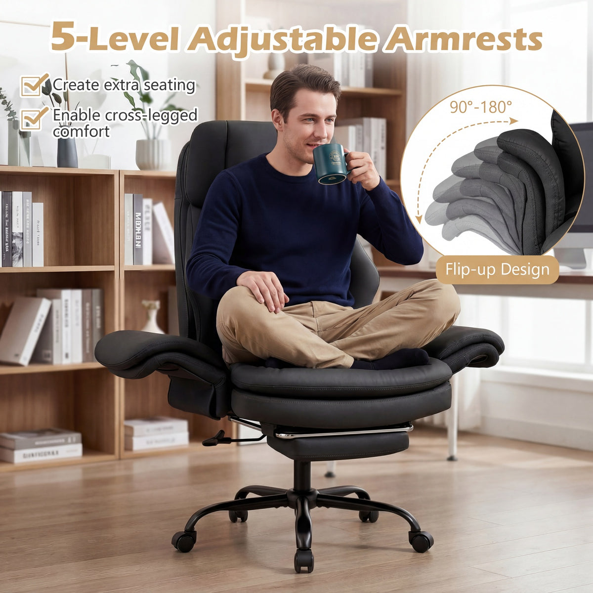 Ergonomic Cross Legged Office Chair Big and Tall Executive Chair with Retractable Footrest-Black