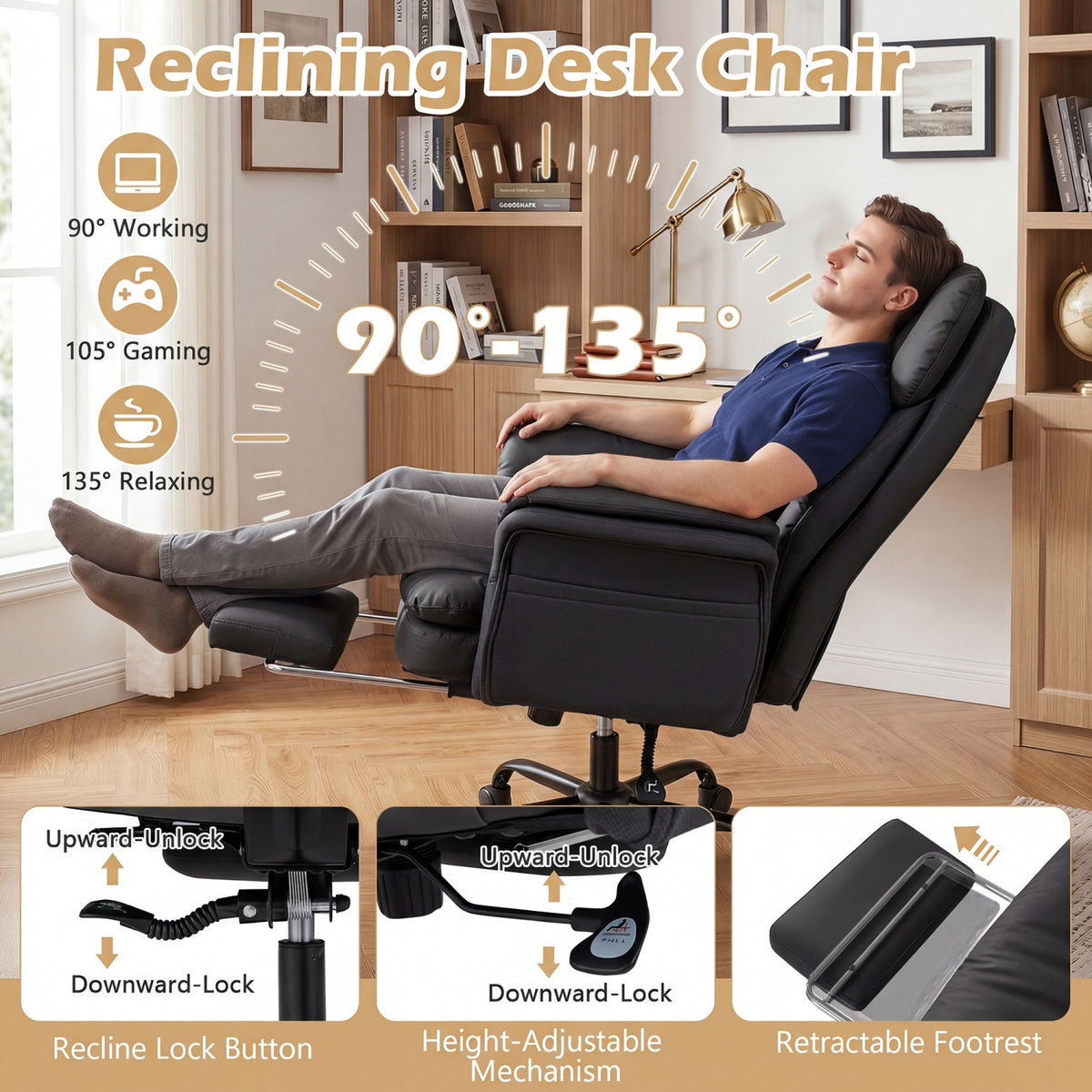 Ergonomic Cross Legged Office Chair Big and Tall Executive Chair with Retractable Footrest-Black