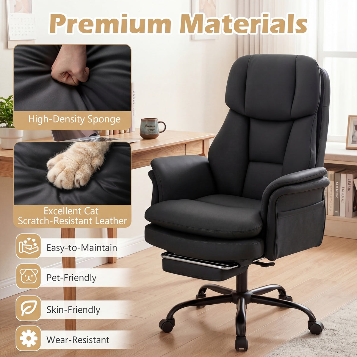 Ergonomic Cross Legged Office Chair Big and Tall Executive Chair with Retractable Footrest-Black