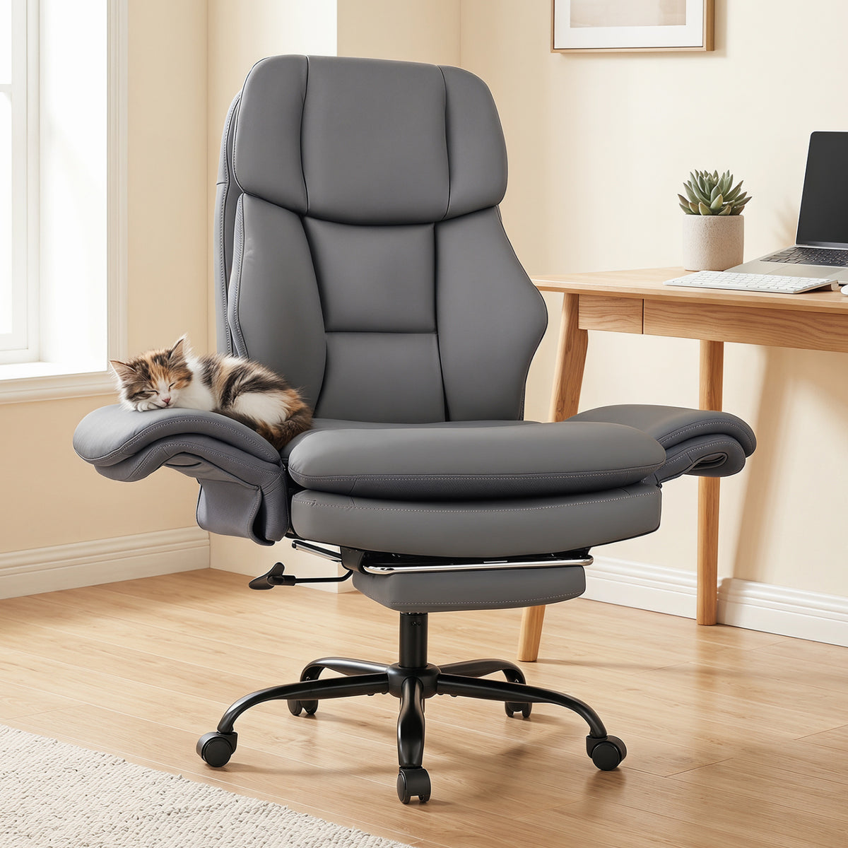 Ergonomic Cross Legged Office Chair Big and Tall Executive Chair with Retractable Footrest-Grey