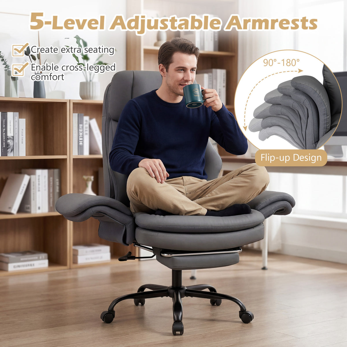 Ergonomic Cross Legged Office Chair Big and Tall Executive Chair with Retractable Footrest-Grey