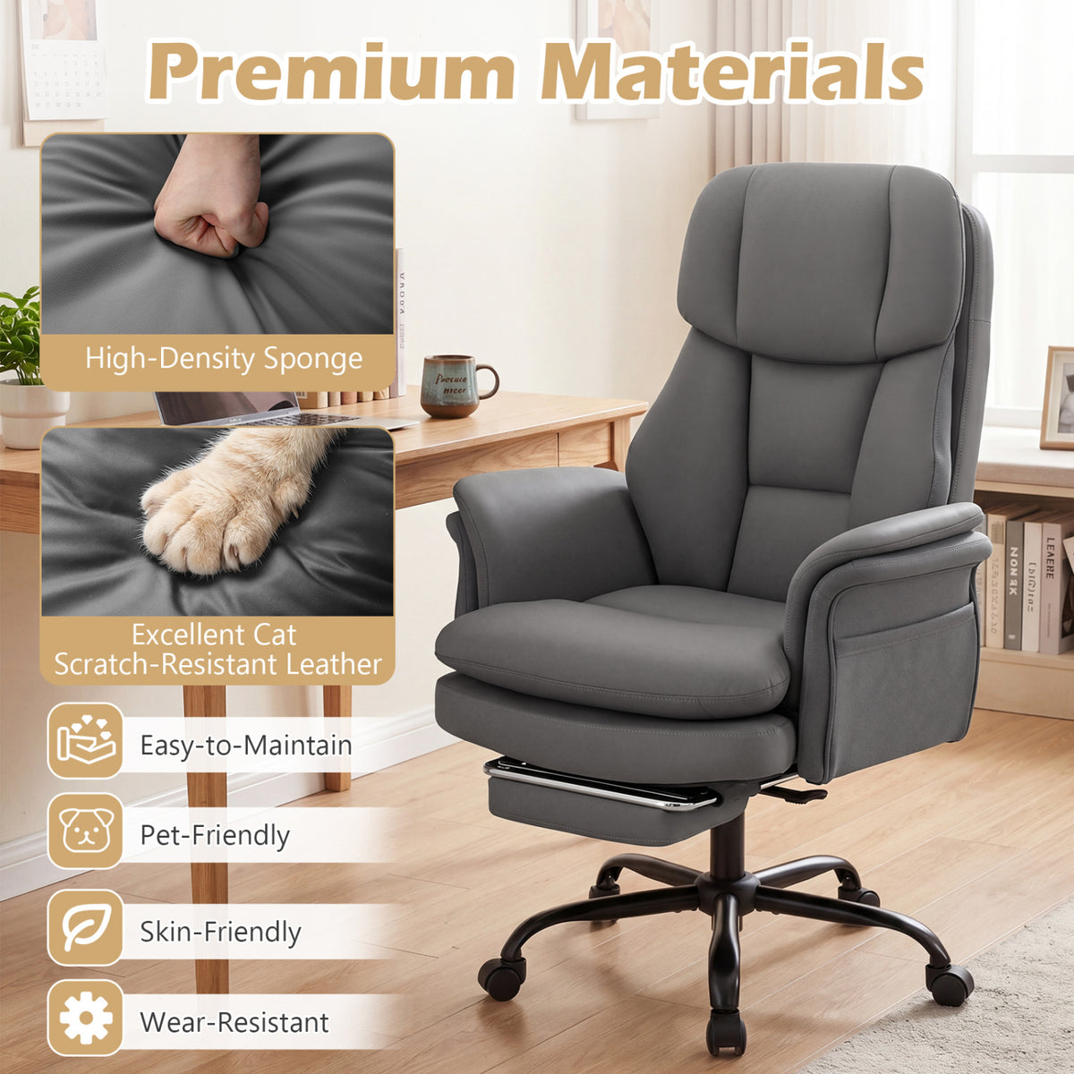 Ergonomic Cross Legged Office Chair Big and Tall Executive Chair with Retractable Footrest-Grey