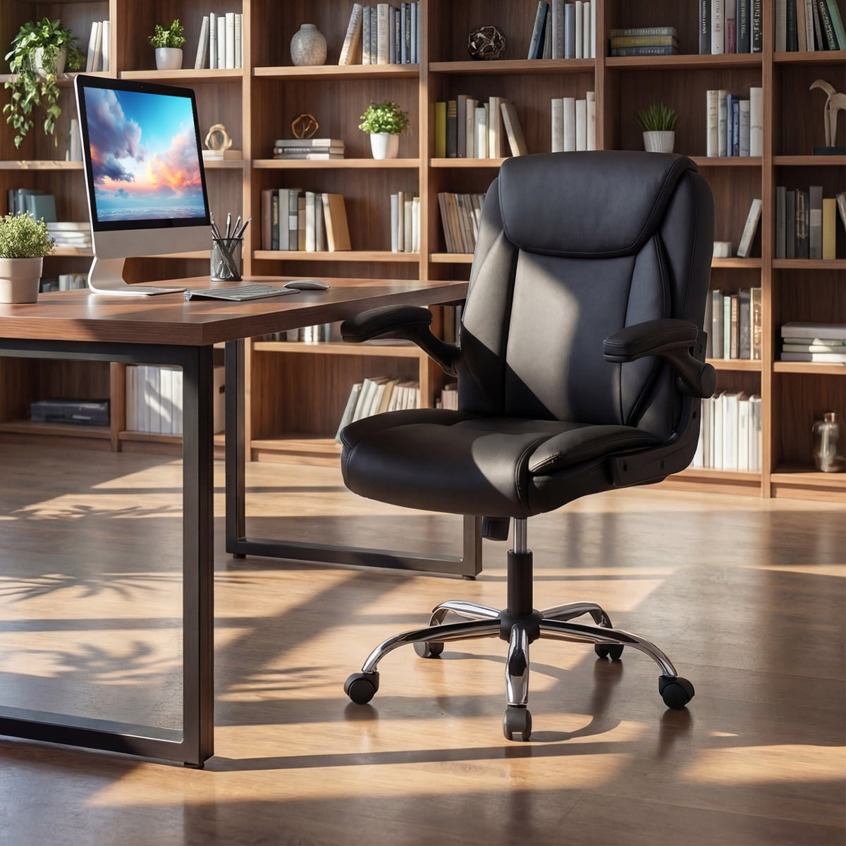 Ergonomic Leather Office Chair with Flip-up Armrests and Rocking Function-Black
