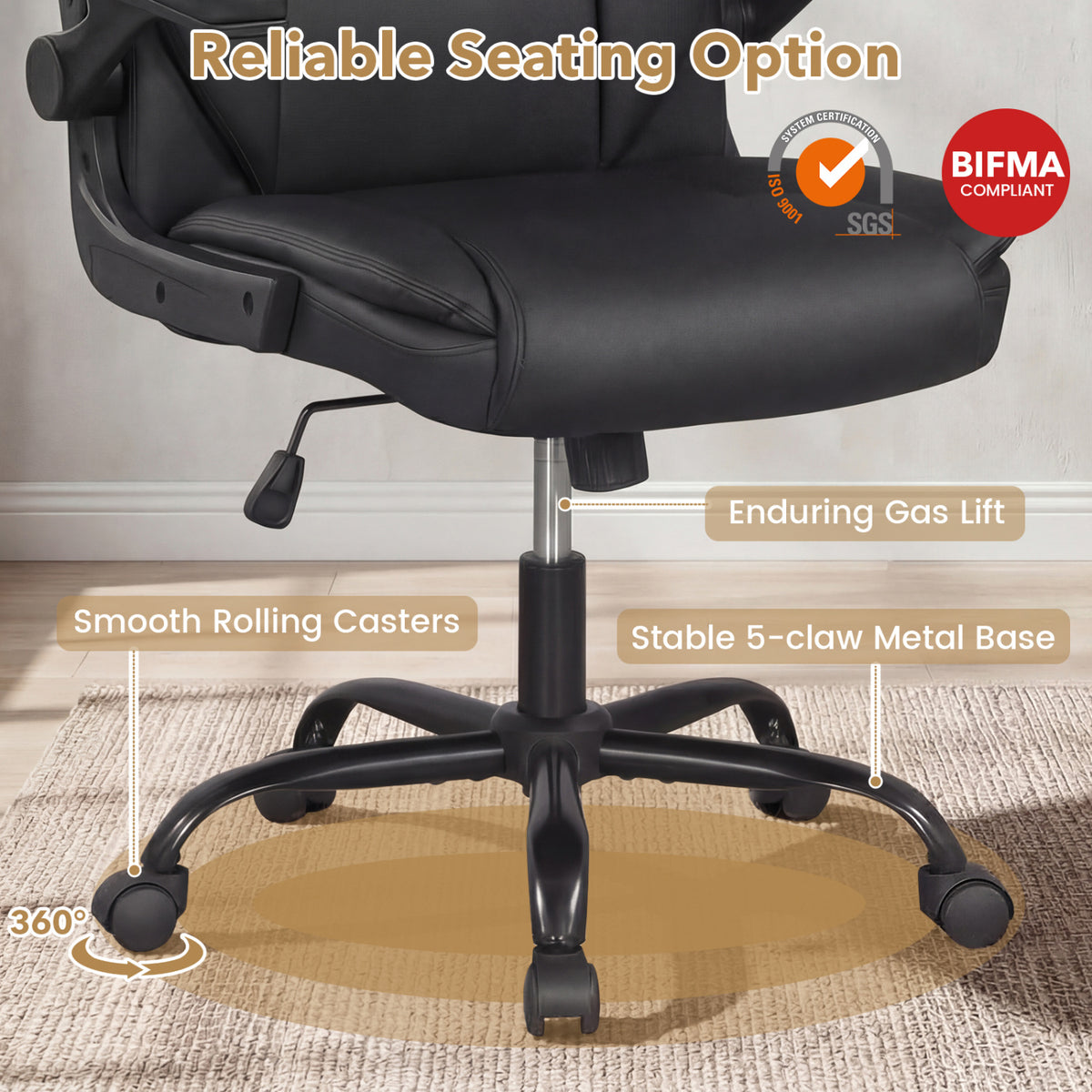 Ergonomic Leather Office Chair with Flip-up Armrests and Rocking Function-Black