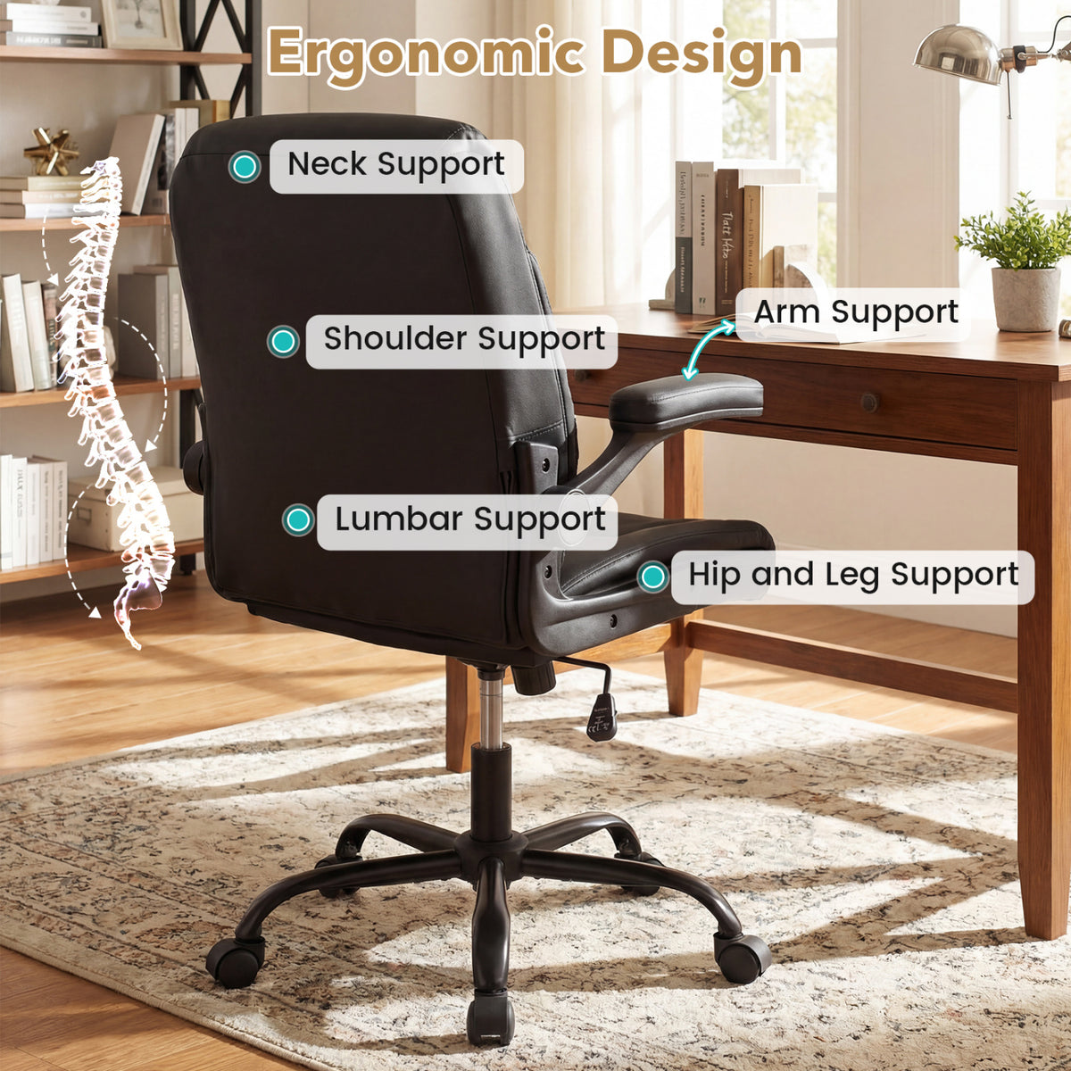 Ergonomic Leather Office Chair with Flip-up Armrests and Rocking Function-Black