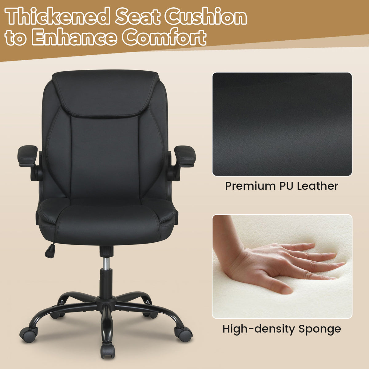 Ergonomic Leather Office Chair with Flip-up Armrests and Rocking Function-Black