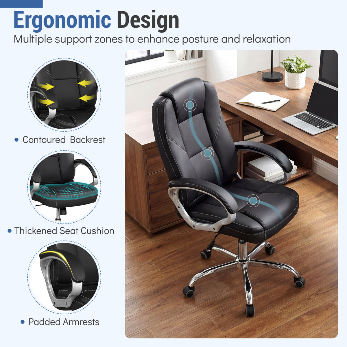 Ergonomic Leather Office Chair with Padded Armrests and Rocking Backrest-Black