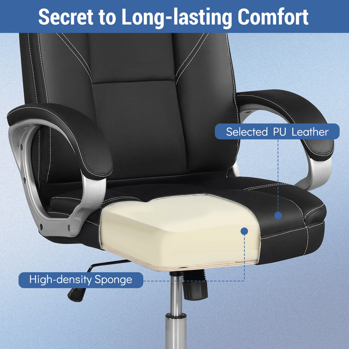 Ergonomic Leather Office Chair with Padded Armrests and Rocking Backrest-Black