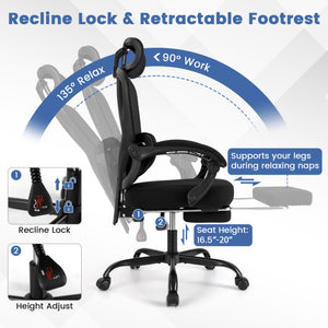 Ergonomic Office Chair High Back Mesh Desk Chair with Retractable Footrest-Black