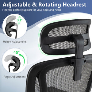 Ergonomic Office Chair Swivel Computer Desk Chair with Rotating Headrest-Black