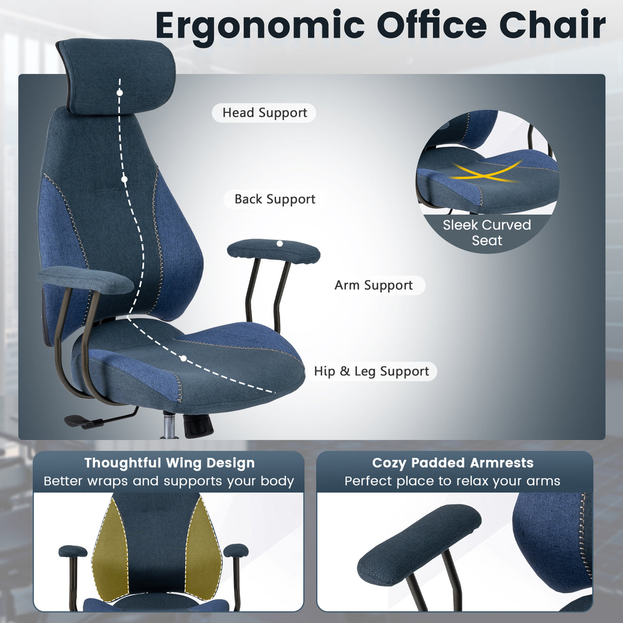 Ergonomic Office Chair Computer Desk Chair with 2D Headrest and Rocking Backrest-Navy
