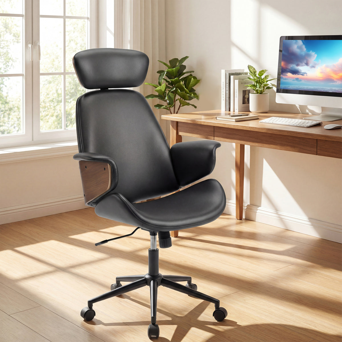 Ergonomic Office Chair with Headrest  Adjustable Height for Home Office and Study-Black