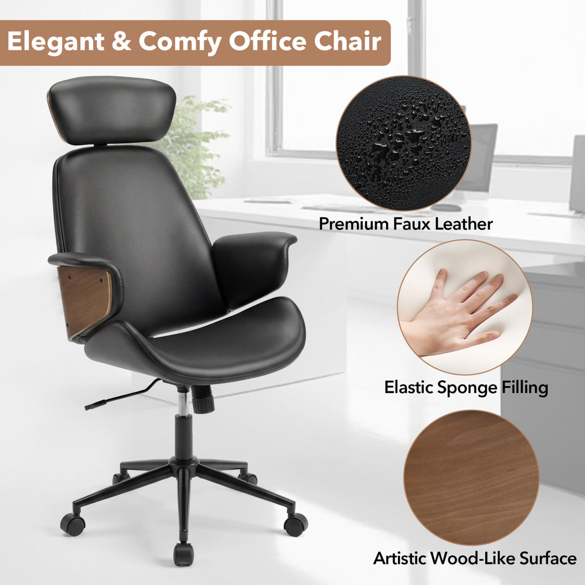 Ergonomic Office Chair with Headrest  Adjustable Height for Home Office and Study-Black