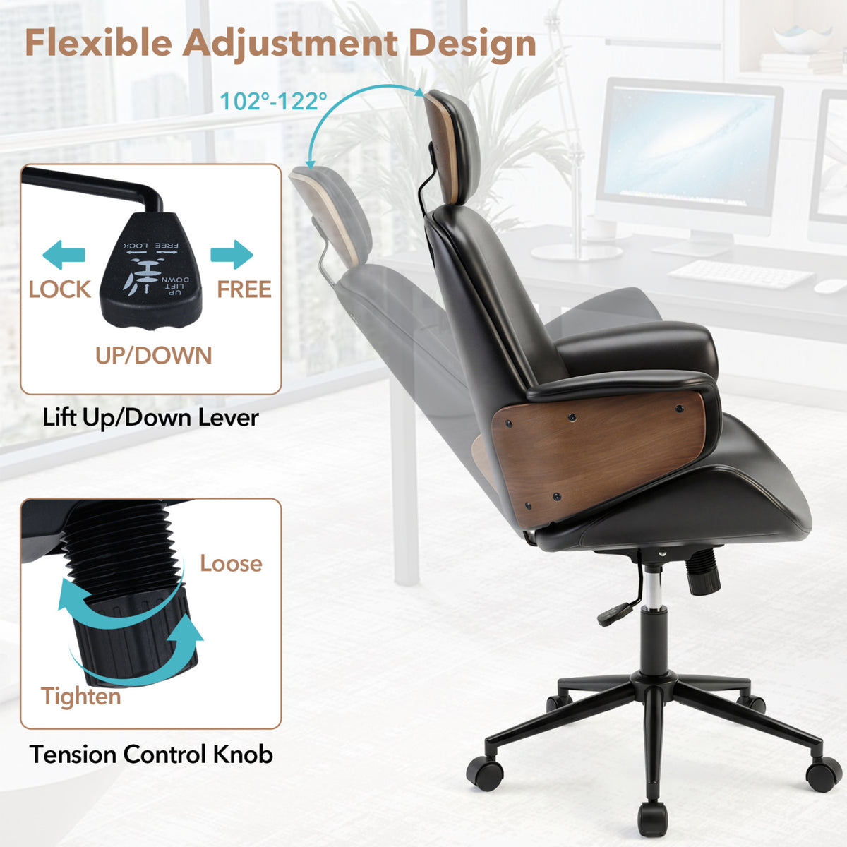 Ergonomic Office Chair with Headrest  Adjustable Height for Home Office and Study-Black