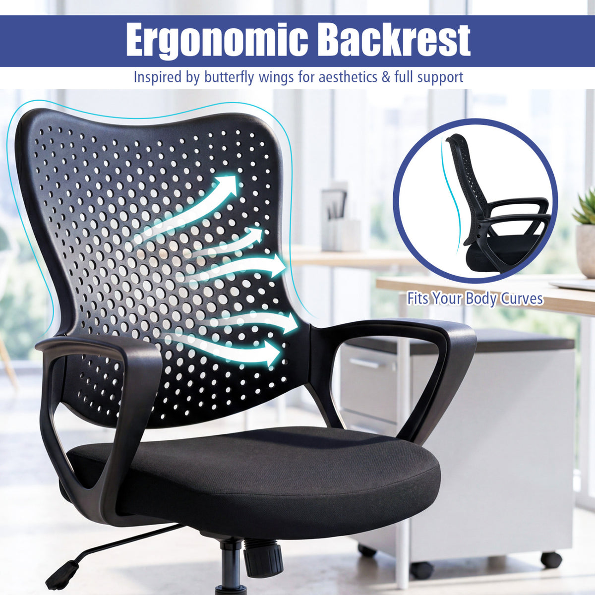 Ergonomic Office Chair Height Adjustable Computer Desk Chair with Breathable Butterfly Back-Black
