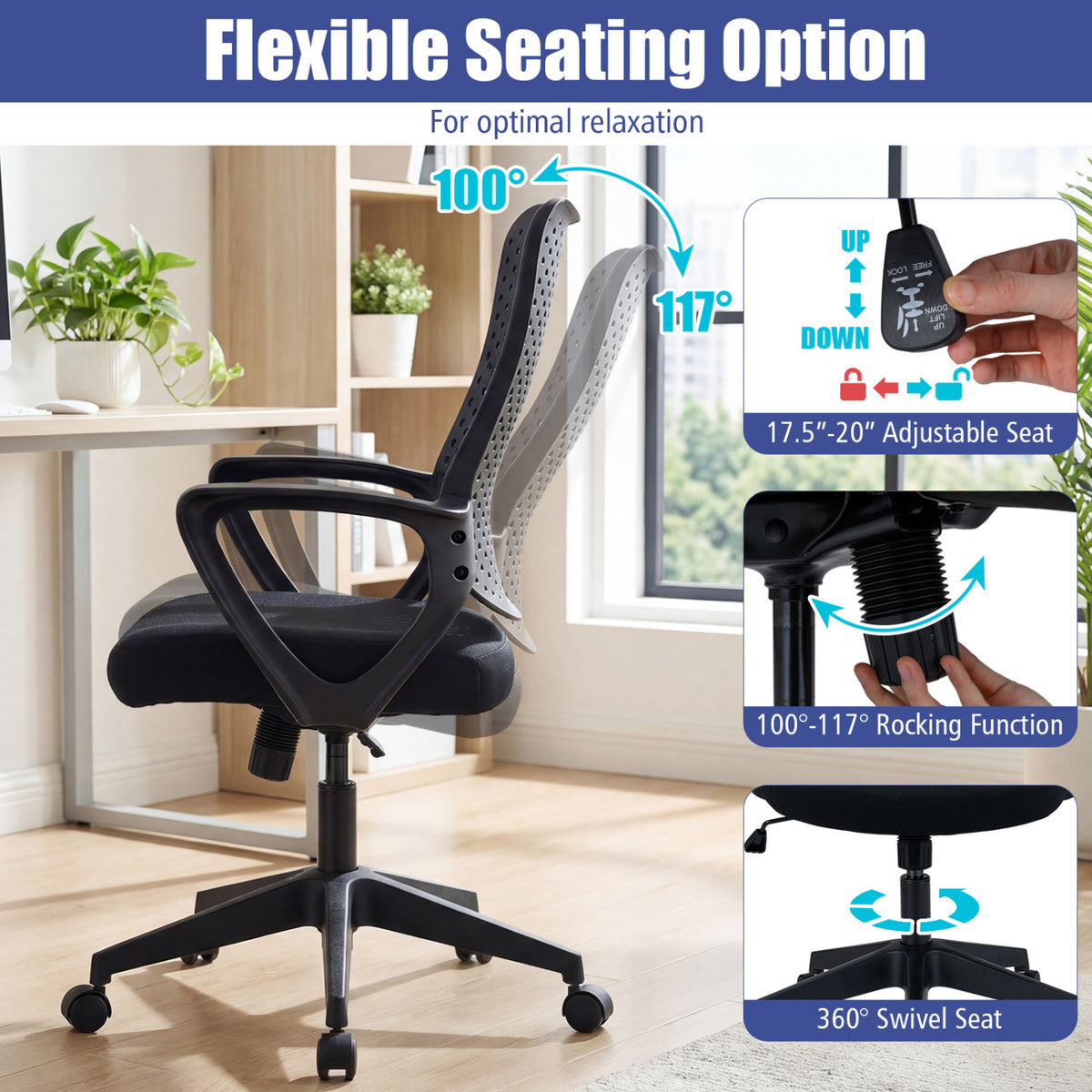Ergonomic Office Chair Height Adjustable Computer Desk Chair with Breathable Butterfly Back-Black
