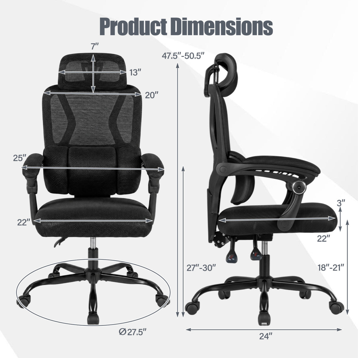 Ergonomic Office Computer Mesh Chair with High Back Adaptive Lumbar Support and 2D Adjustable Headrest-Black