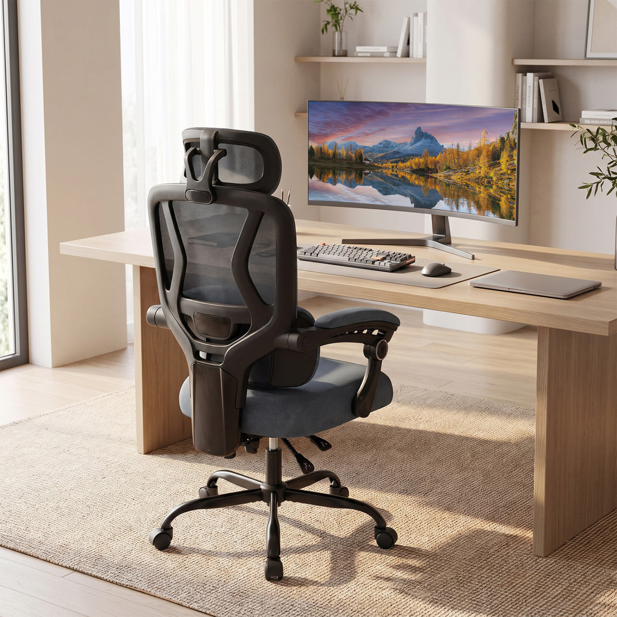 Ergonomic Office Computer Mesh Chair with High Back Adaptive Lumbar Support and 2D Adjustable Headrest-Gray